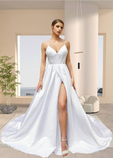 Joy | Ball - gown/Princess Satin Spaghetti Strap V Neck Wedding Dress with High Slit and Court Train - White - PromDressClub